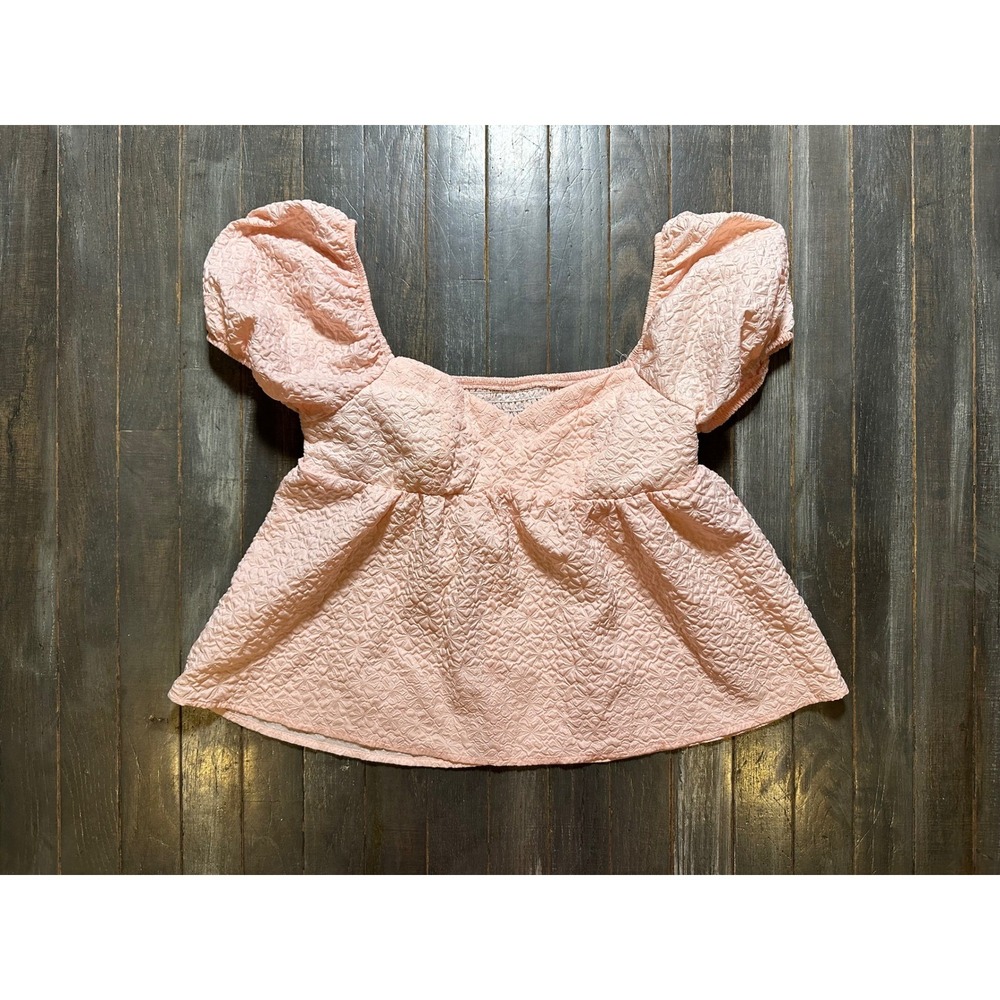 SHEIN Pink Textured Floral Puff Sleeve Babydoll Peplum Top‎ Sweetheart Neck